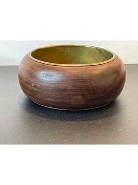 Vintage Mid-Century Wood Bangle Bracelet with Brass Inlay Lining - 7"